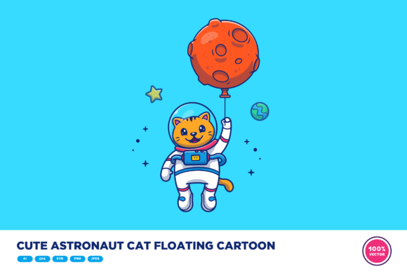 Cute Astronaut Cat Floating Cartoon