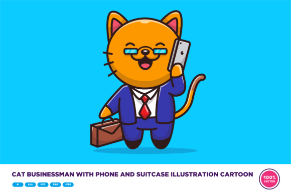 Cute Businessman with Phone and Suitcase