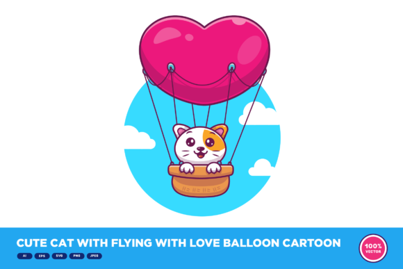 Cute Cat with Flying with Love Balloon